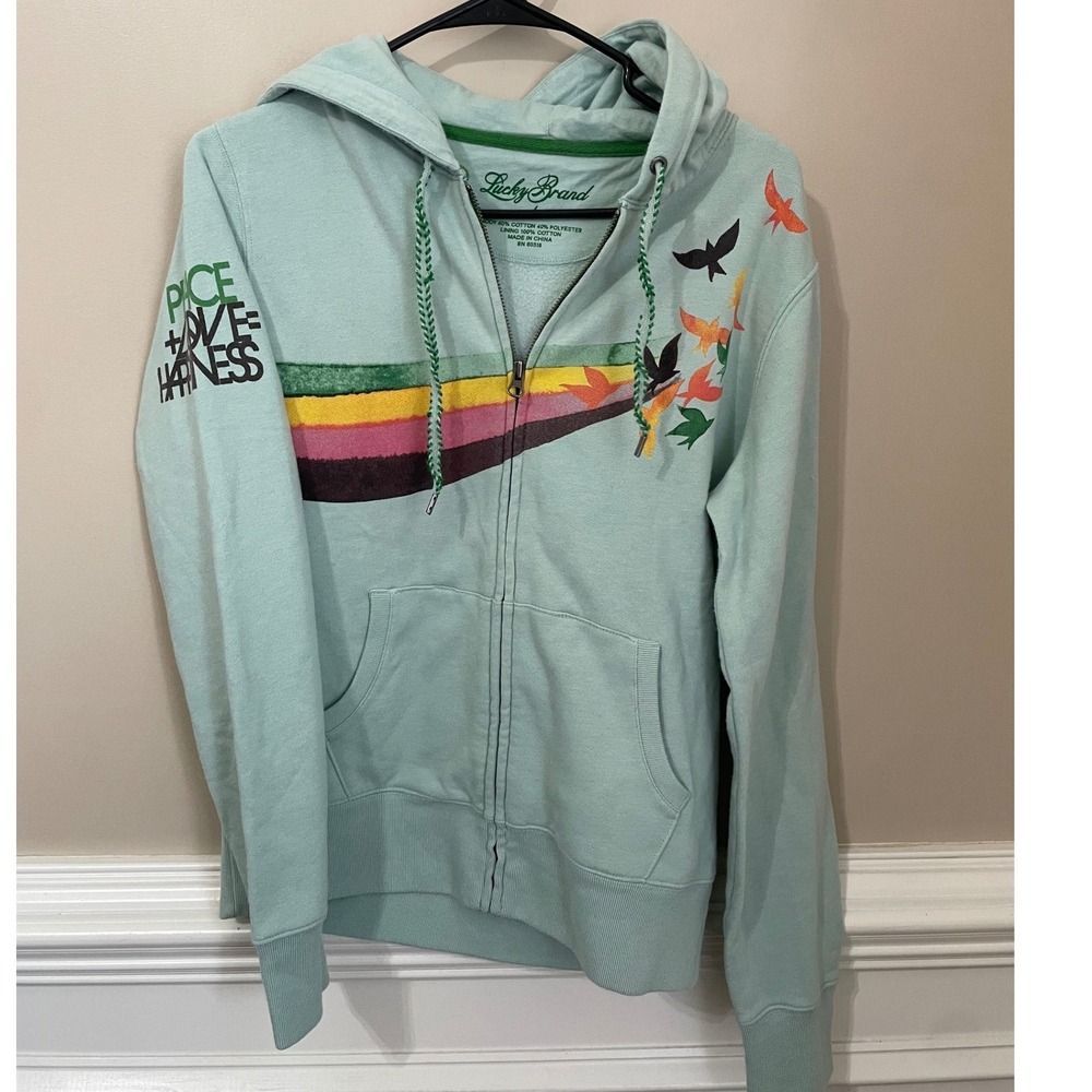 Lucky Brand Vtg Y2K Size L Peace Love Happiness Bird Rainbow Zip Hoodie Green